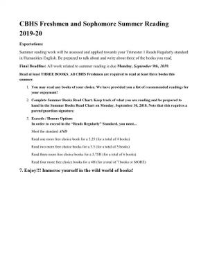 CBHS Freshmen and Sophomore Summer Reading 2019-20