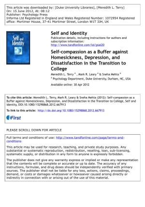 Self-Compassion As a Buffer Against Homesickness, Depression, and Dissatisfaction in the Transition to College Meredith L