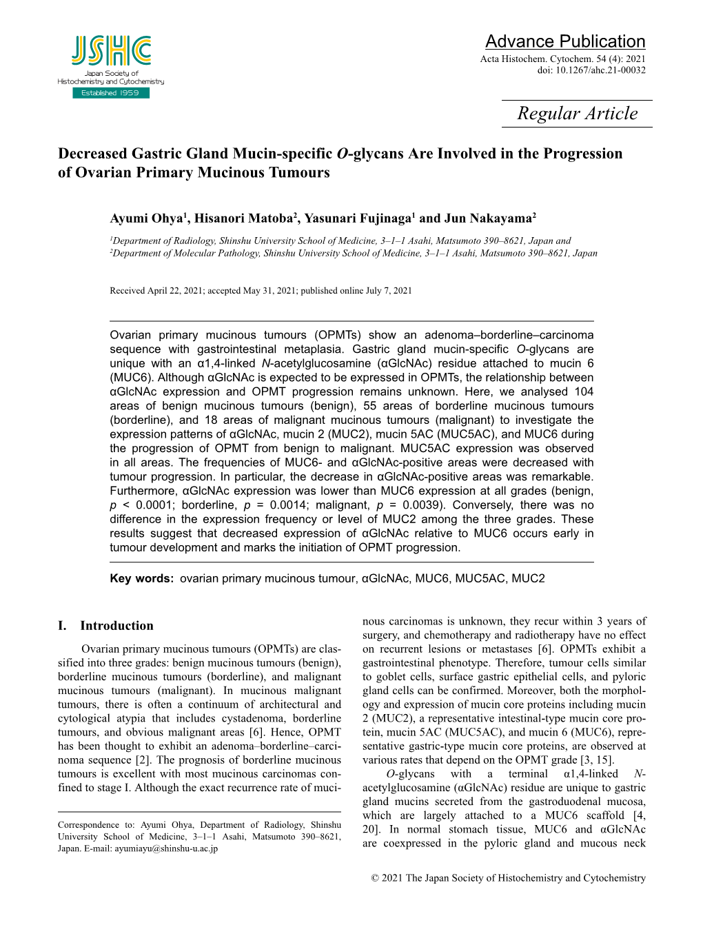 Decreased Gastric Gland Mucin-Specific O-Glycans Are Involved in the Progression of Ovarian Primary Mucinous Tumours