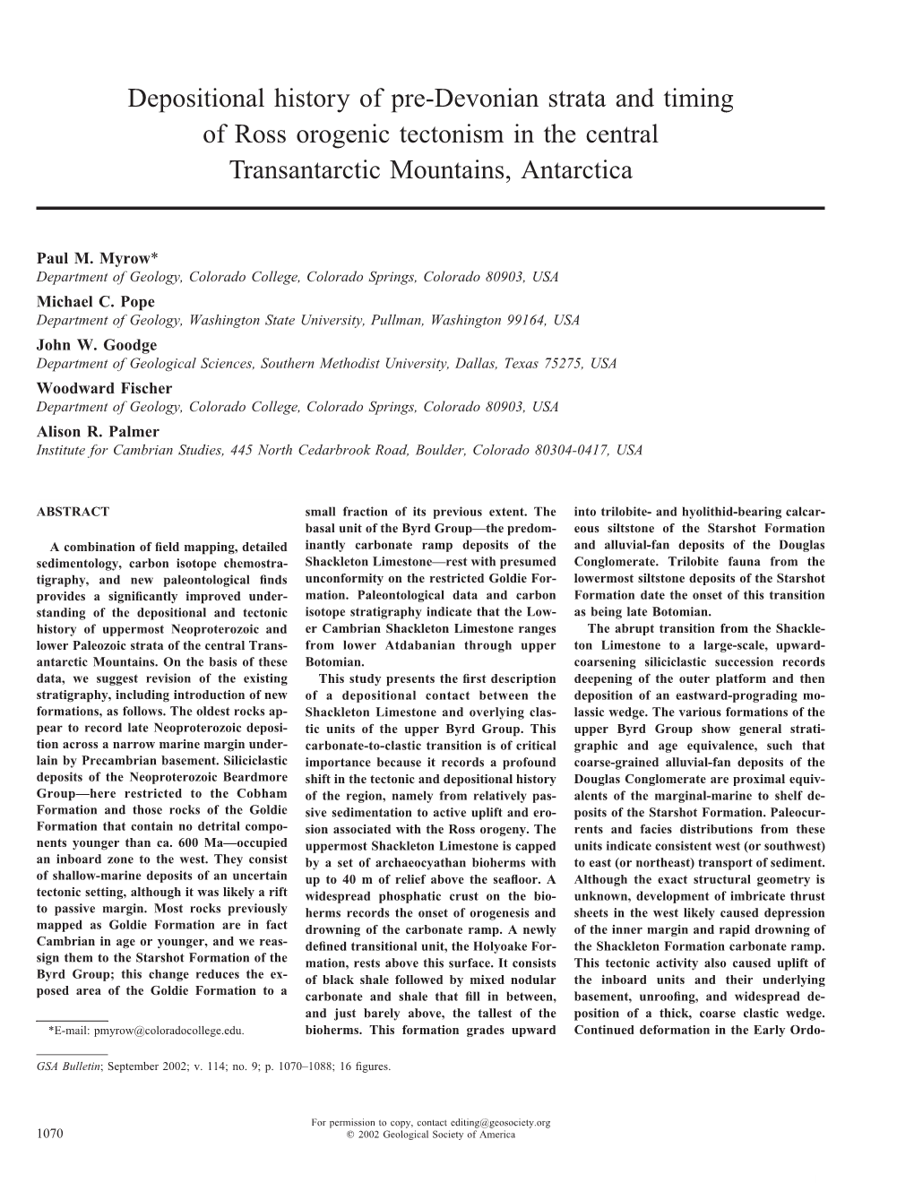 Depositional History of Pre-Devonian Strata and Timing of Ross Orogenic Tectonism in the Central Transantarctic Mountains, Antarctica