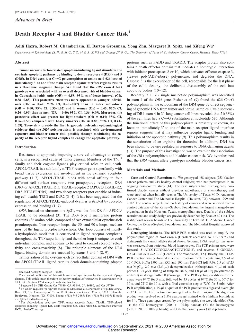 Death Receptor 4 and Bladder Cancer Risk1