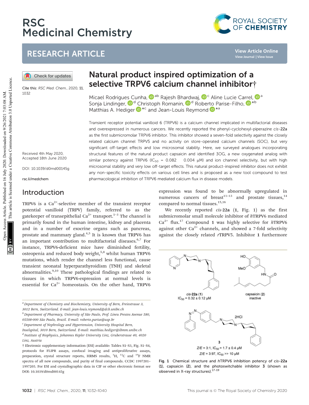 RSC Med. Chem., 2020, 11, 1032–1040 This Journal Is © the Royal Society of Chemistry 2020 View Article Online RSC Medicinal Chemistry Research Article