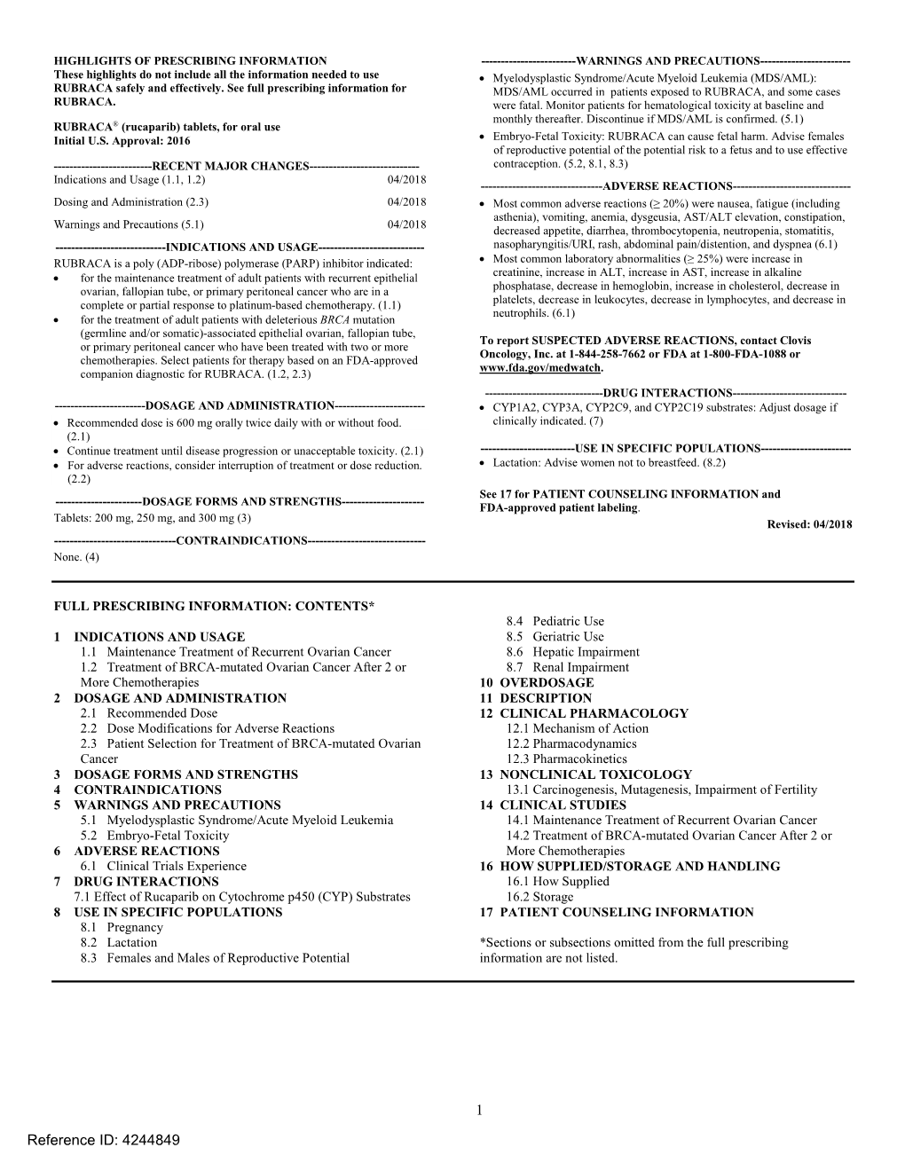 Rubraca (Rucaparib) Tablets Contain Rucaparib Camsylate As the Active Ingredient