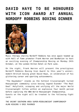 David Haye to Be Honoured with Icon Award at Annual Nordoff Robbins Boxing Dinner