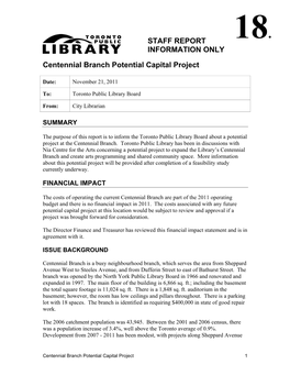 STAFF REPORT INFORMATION ONLY Centennial Branch Potential