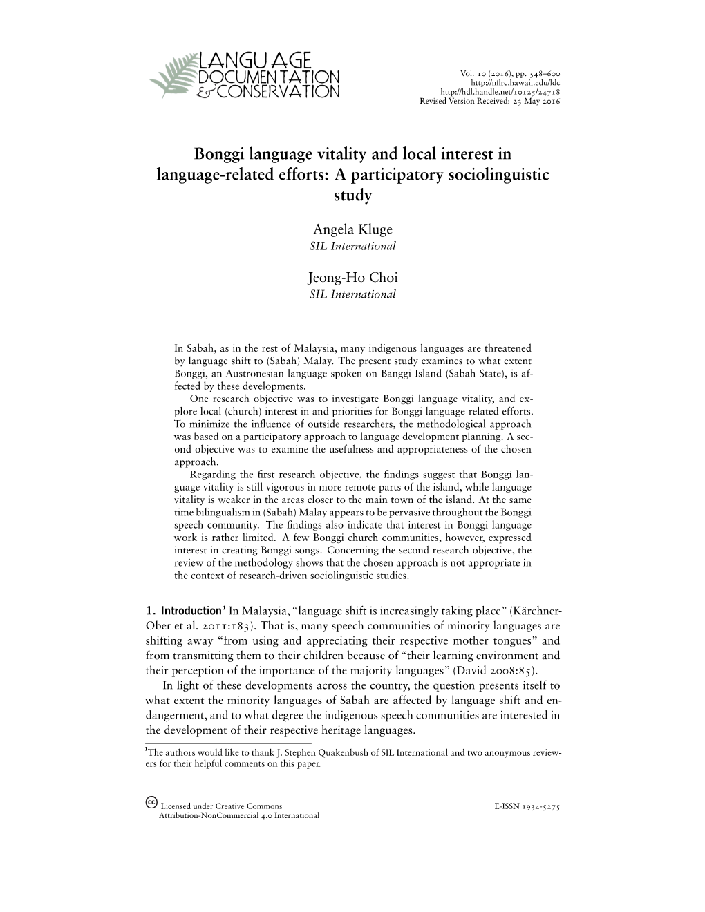 Bonggi Language Vitality and Local Interest in Language-Related Efforts: a Participatory Sociolinguistic Study