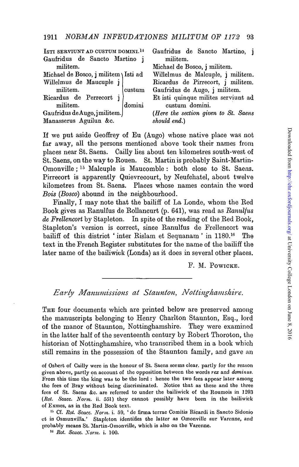 1911 NORMAN INFEVDATIONES MILITUM of 1172 93 Early Manumissions at Stauntou, Atottinghamshire