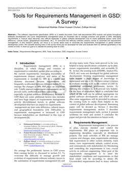 Tools for Requirements Management in GSD: a Survey Muhammad Mukhtar, Zishan Hussain Chuhan, Zulfiqar Ahmad