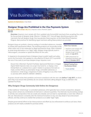 Designer Drugs Are Prohibited in the Visa Payments System AP, Canada, CEMEA, Europe, LAC, U.S
