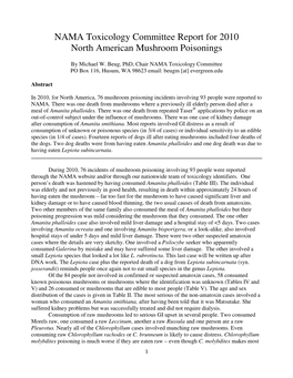 NAMA Toxicology Committee Report for 2010 North American Mushroom Poisonings