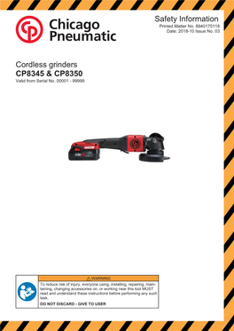 Safety Information Cordless Grinders CP8345 & CP8350