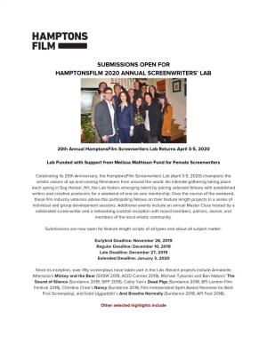 Hamptonsfilm 2020 Screenwriters Lab Submissions Open
