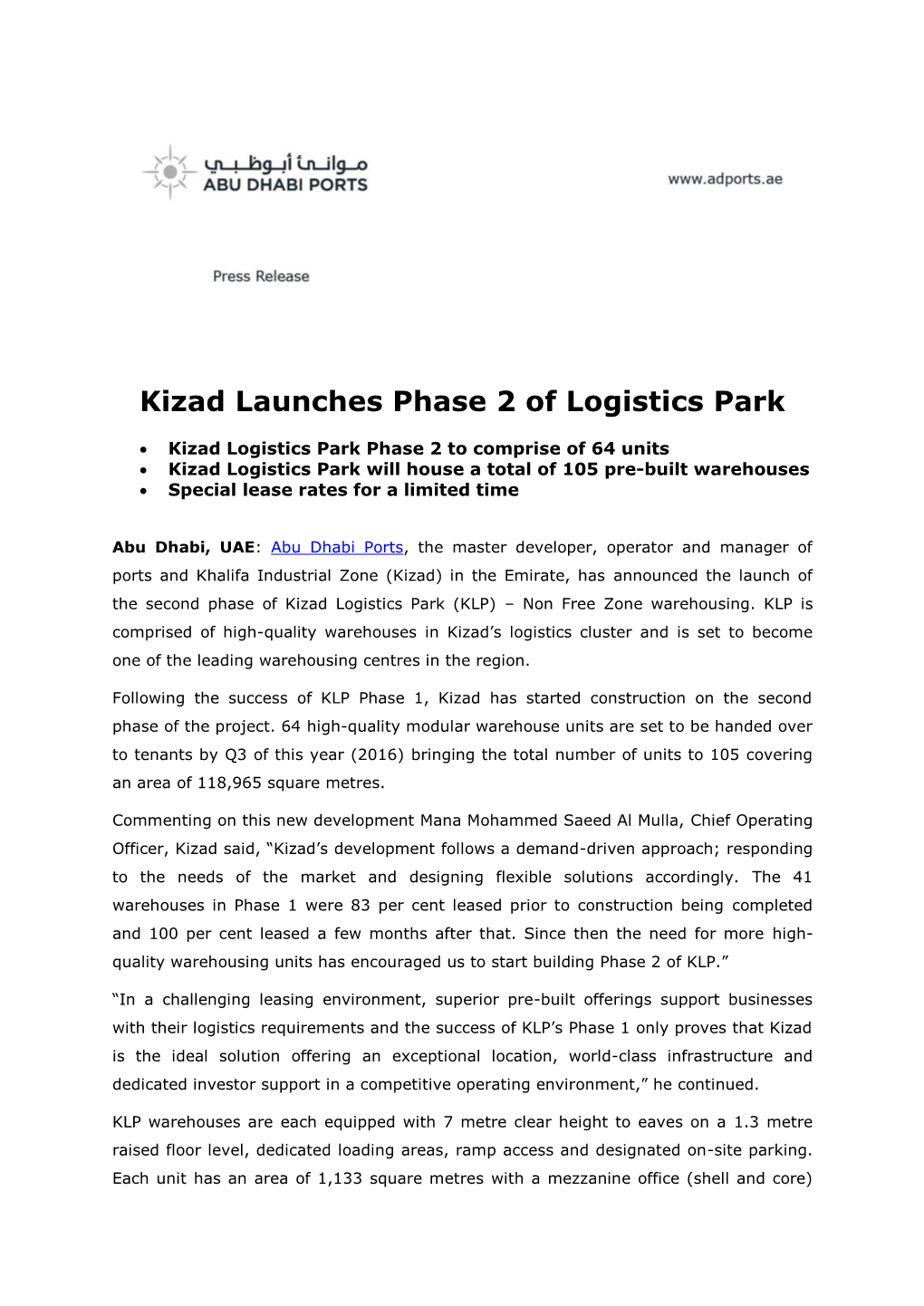 Kizad Launches Phase 2 of Logistics Park