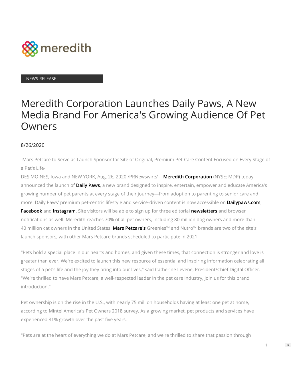 Meredith Corporation Launches Daily Paws, a New Media Brand for America's Growing Audience of Pet Owners