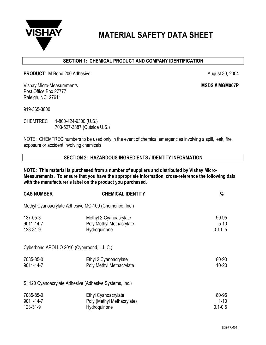 M-Bond 200 Adhesive August 30, 2004
