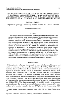 Induction of Evisceration in the Holothurian Eupentacta Quinquesemita and Evidence for the Existence of an Endogenous Evisceration Factor