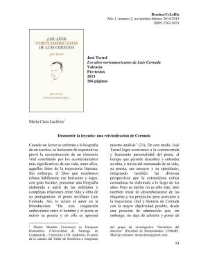 José Teruel Los Años Norteamericanos De Luis Cernuda Valencia Pre-Textos 2013 266 Páginas