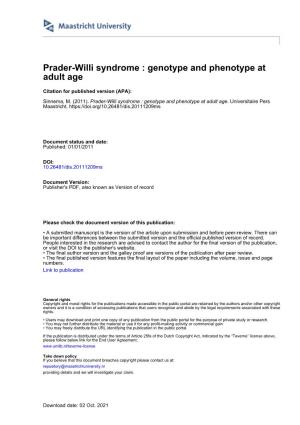 Prader-Willi Syndrome : Genotype and Phenotype at Adult Age