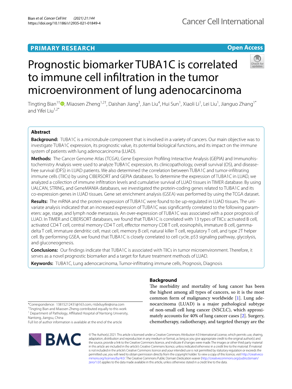 Prognostic Biomarker TUBA1C Is Correlated to Immune Cell Infiltration