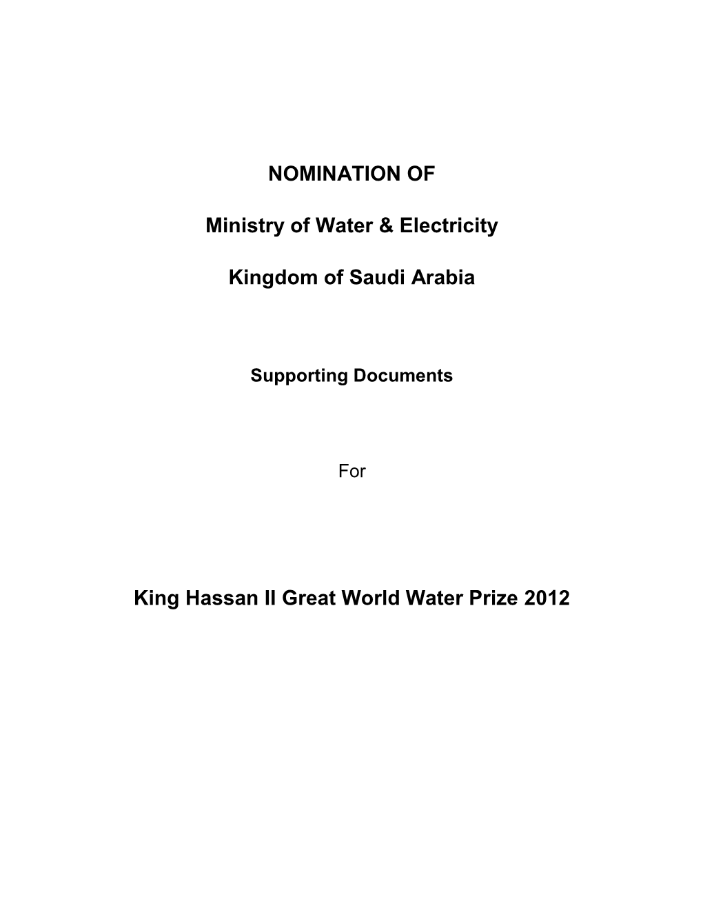 NOMINATION of Ministry of Water & Electricity Kingdom of Saudi Arabia