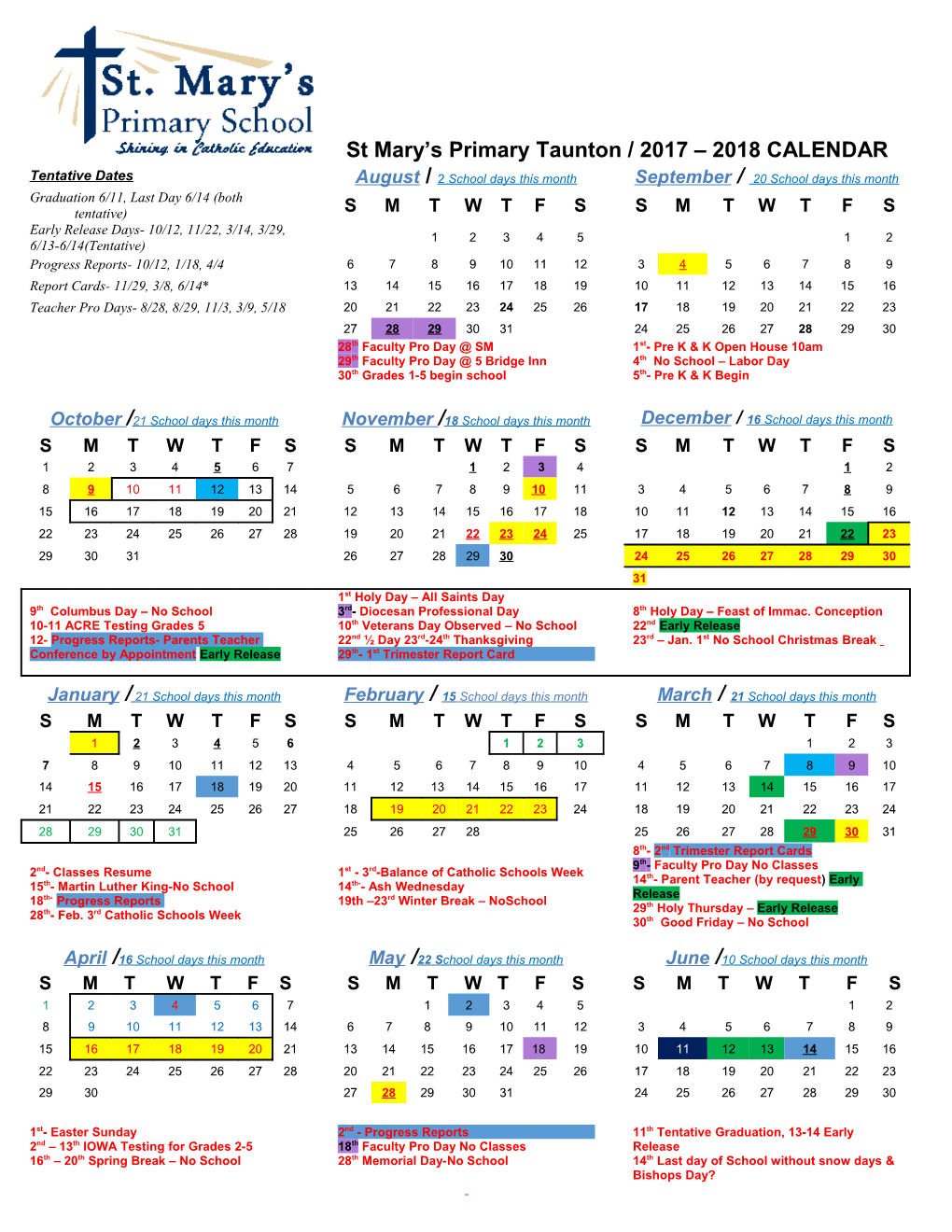 St Mary S Primary Taunton / 2017 2018 CALENDAR