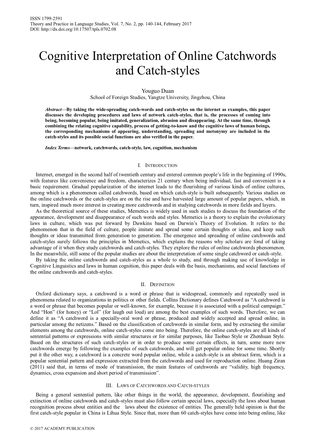 Cognitive Interpretation of Online Catchwords and Catch-Styles