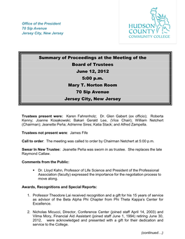 Summary of Proceedings at the Meeting of the Board of Trustees June 12, 2012 5:00 P.M