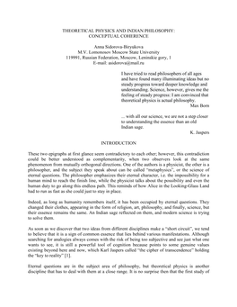 Theoretical Physics and Indian Philosophy: Conceptual Coherence