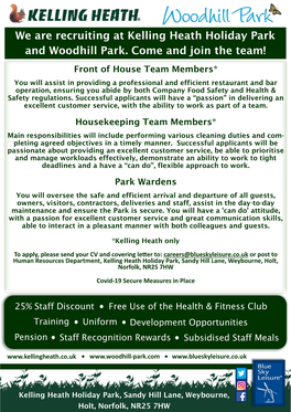 We Are Recruiting at Kelling Heath Holiday Park and Woodhill Park