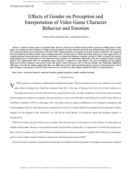 Effects of Gender on Perception and Interpretation of Video Game Character Behavior and Emotion