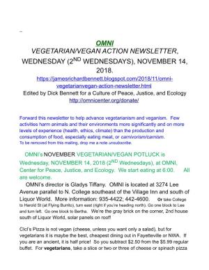 November 14, 2018, Vegetarian/Vegan Action Newsletter