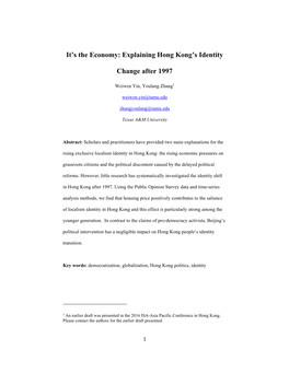It's the Economy: Explaining Hong Kong's Identity Change After 1997