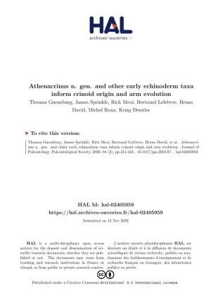 Athenacrinus N. Gen. and Other Early Echinoderm Taxa Inform Crinoid