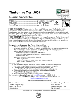 Timberline Trail #600 Stock Only Allowed on the Southwest Segment That Recreation Opportunity Guide Overlaps the Pacific Crest Trail #2000