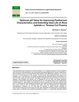 Optimum Ph Value for Improving Postharvest Characteristics and Extending Vase Life of Rosa Hybrida Cv