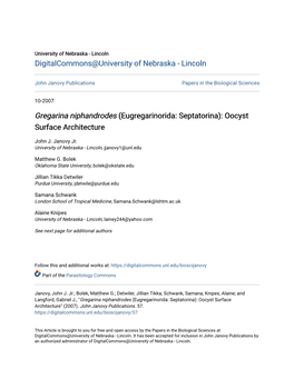 Gregarina Niphandrodes (Eugregarinorida: Septatorina): Oocyst Surface Architecture