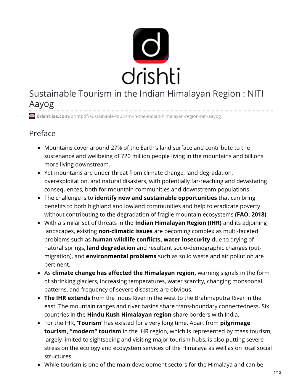 Sustainable Tourism in the Indian Himalayan Region : NITI Aayog