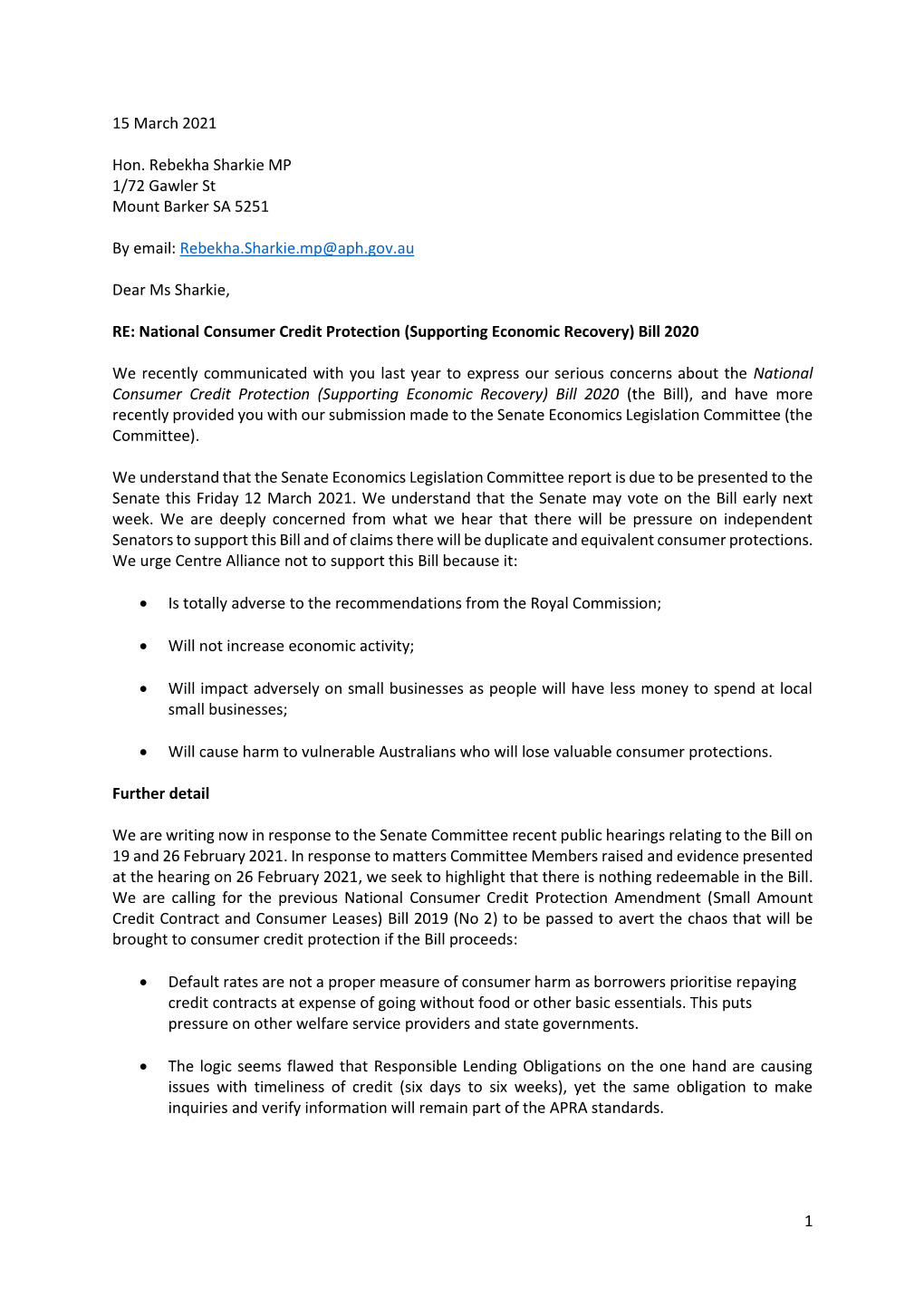 1 15 March 2021 Hon. Rebekha Sharkie MP 1/72 Gawler St Mount Barker SA 5251 by Email: Rebekha.Sharkie.Mp@Aph.Gov.Au Dear Ms Shar