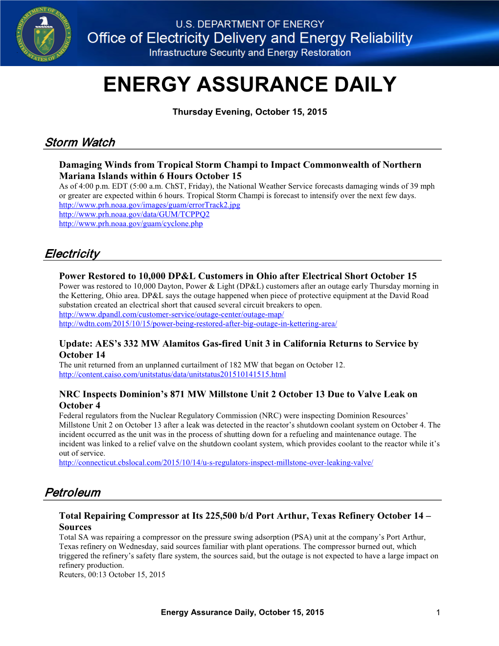 Energy Assurance Daily