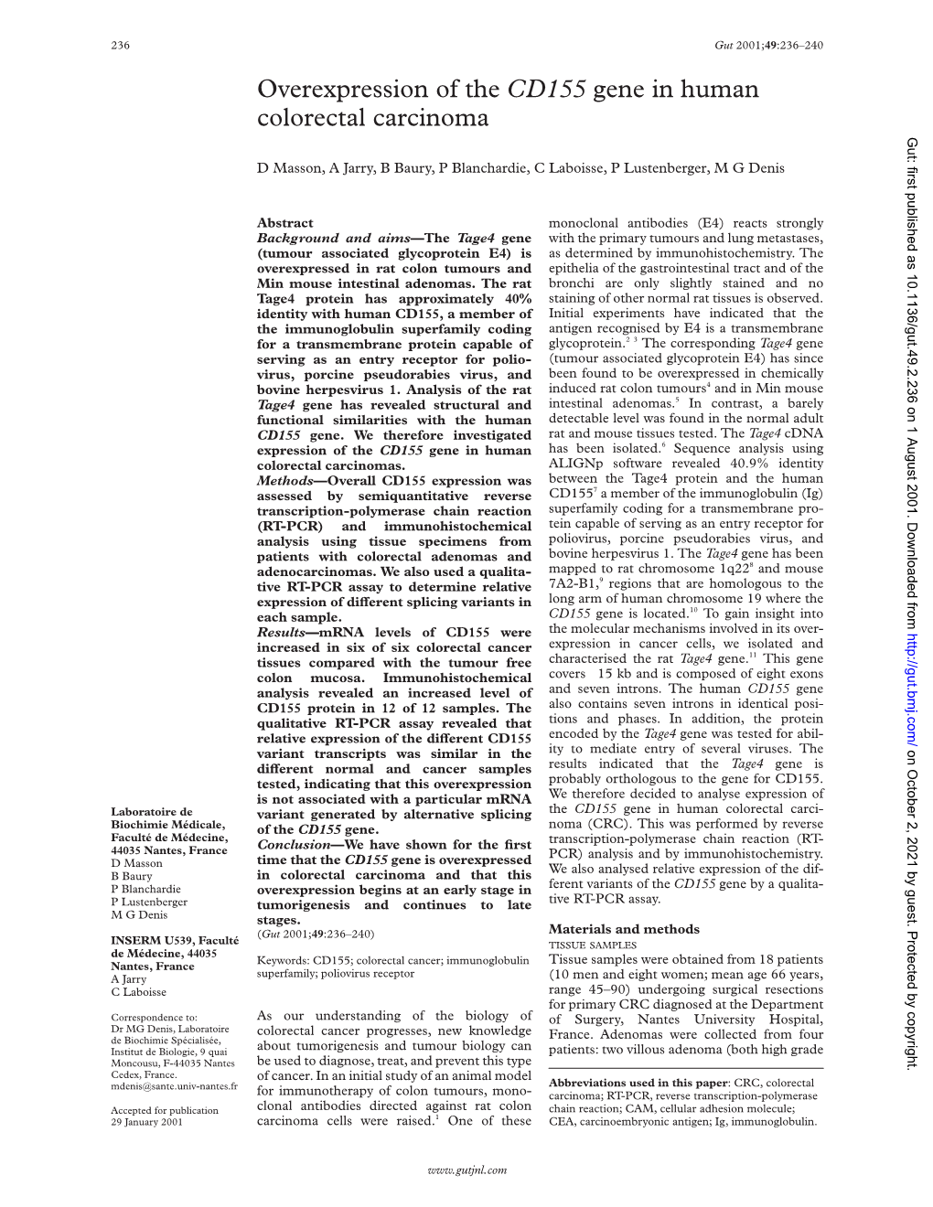 Overexpression of the CD155 Gene in Human Colorectal Carcinoma Gut: First Published As 10.1136/Gut.49.2.236 on 1 August 2001