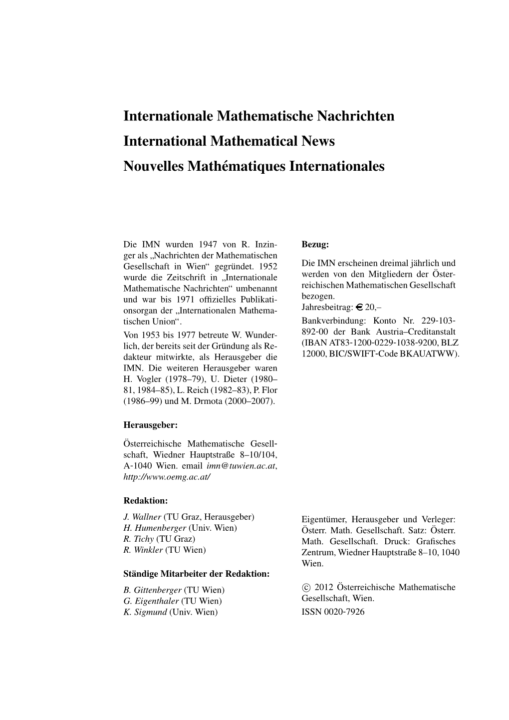 Internationale Mathematische Nachrichten International Mathematical News Nouvelles Mathematiques´ Internationales