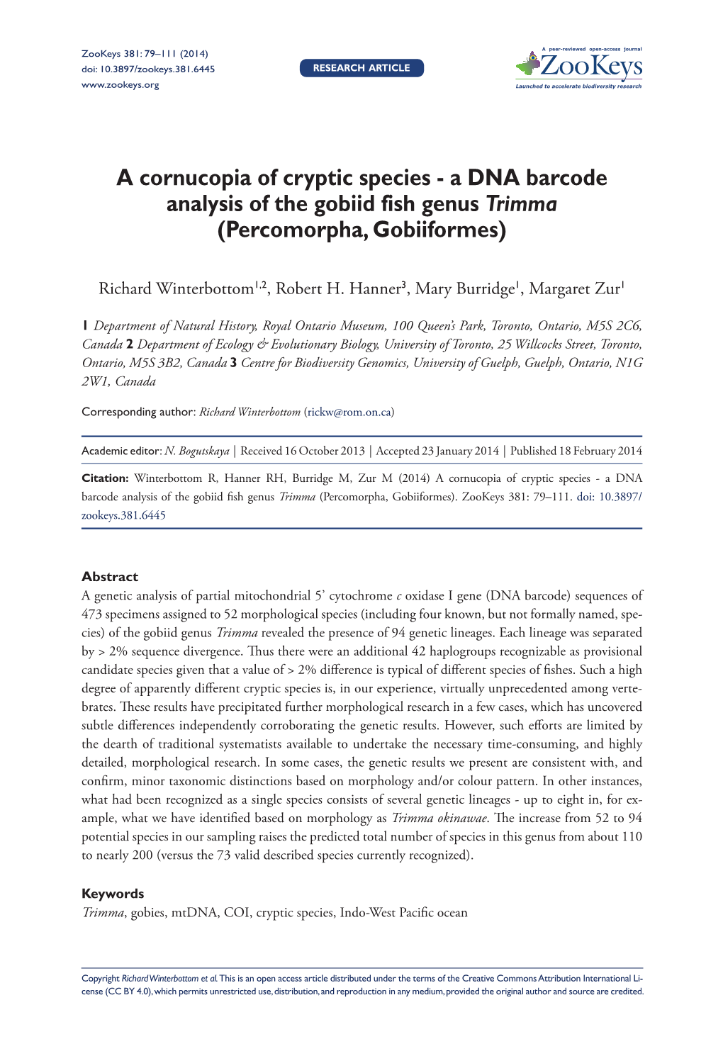 A Cornucopia of Cryptic Species - a DNA Barcode Analysis of the Gobiid Fish Genus Trimma (Percomorpha, Gobiiformes)