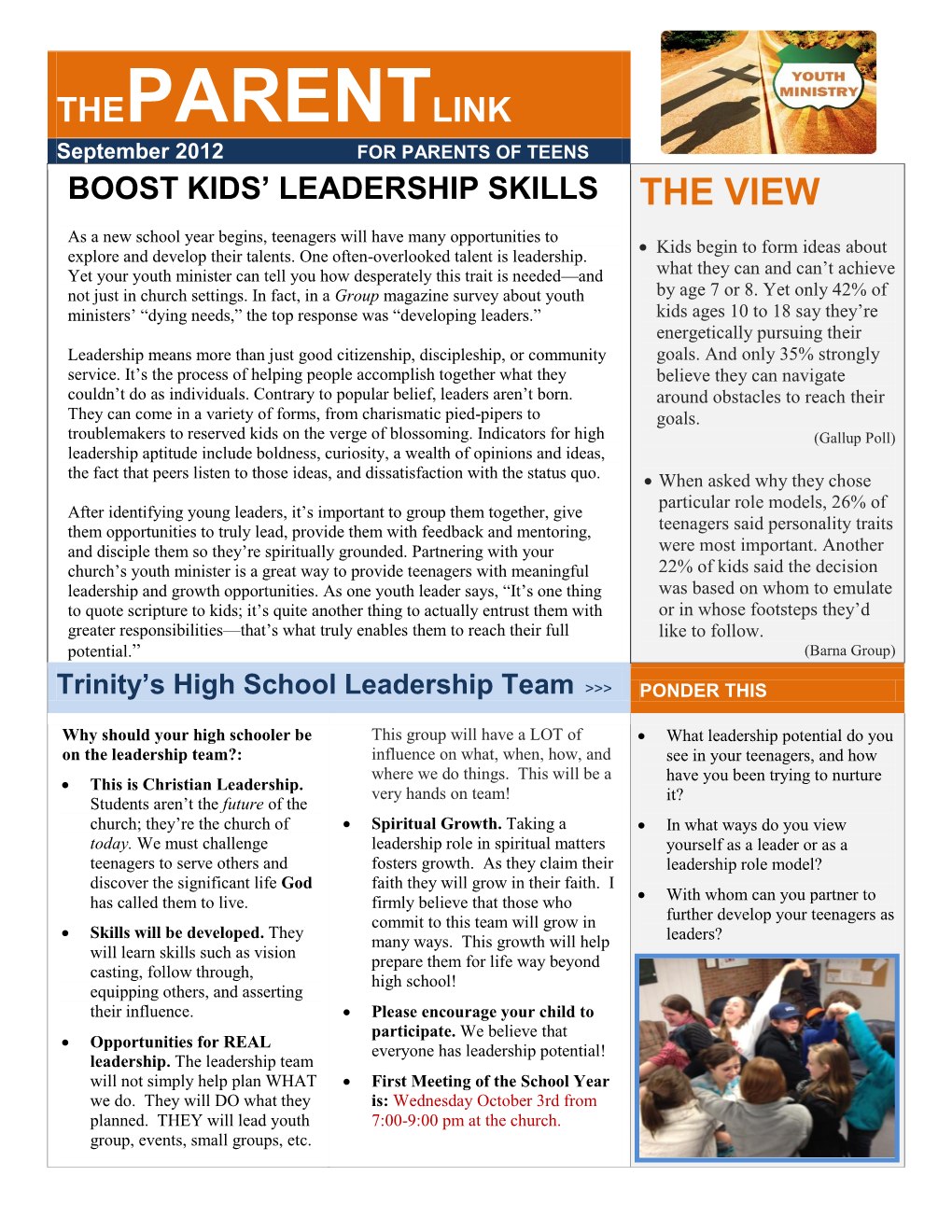 THEPARENTLINK September 2012 for PARENTS of TEENS BOOST KIDS’ LEADERSHIP SKILLS the VIEW