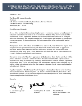 Letter from State-Level Elected Leaders in All 50 States Supporting Betsy Devos for Secretary of Education