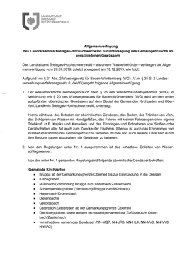 Allgemeinverfügung Des Landratsamtes Breisgau-Hochschwarzwald Zur Untersagung Des Gemeingebrauchs an Verschiedenen Gewässern