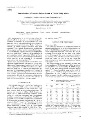 Stereochemistry of Acrylate Polymerization in Toluene Using N-Buli