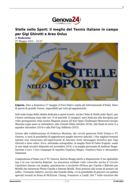 Stelle Nello Sport: Il Meglio Del Tennis Italiano in Campo Per Gigi Ghirotti E Areo Onlus Di Redazione 07 Maggio 2015 – 10:27