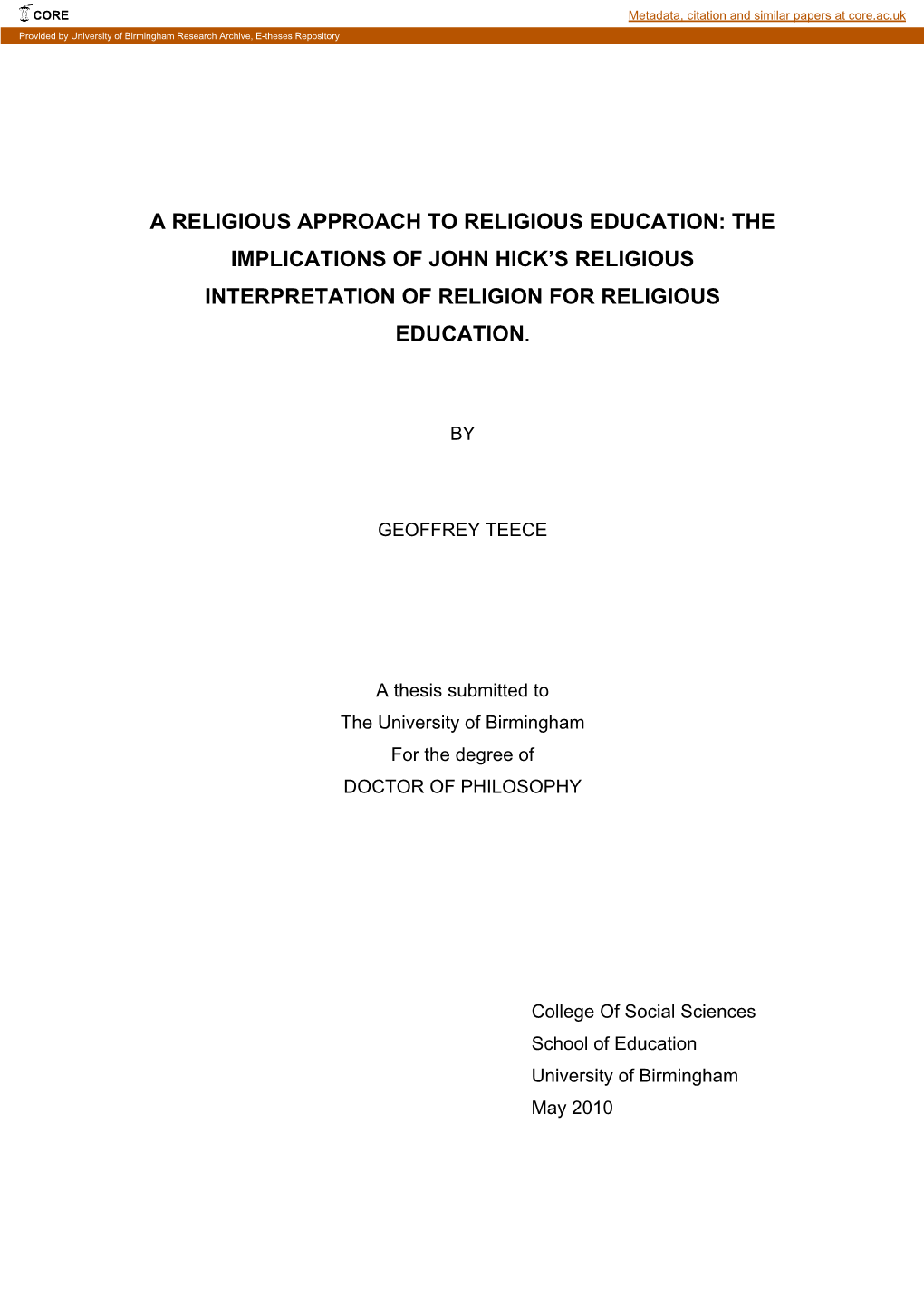 A Religious Approach to Religious Education: the Implications of John Hick’S Religious Interpretation of Religion for Religious Education