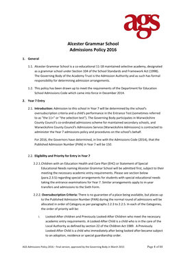 Alcester Grammar School Admissions Policy 2016