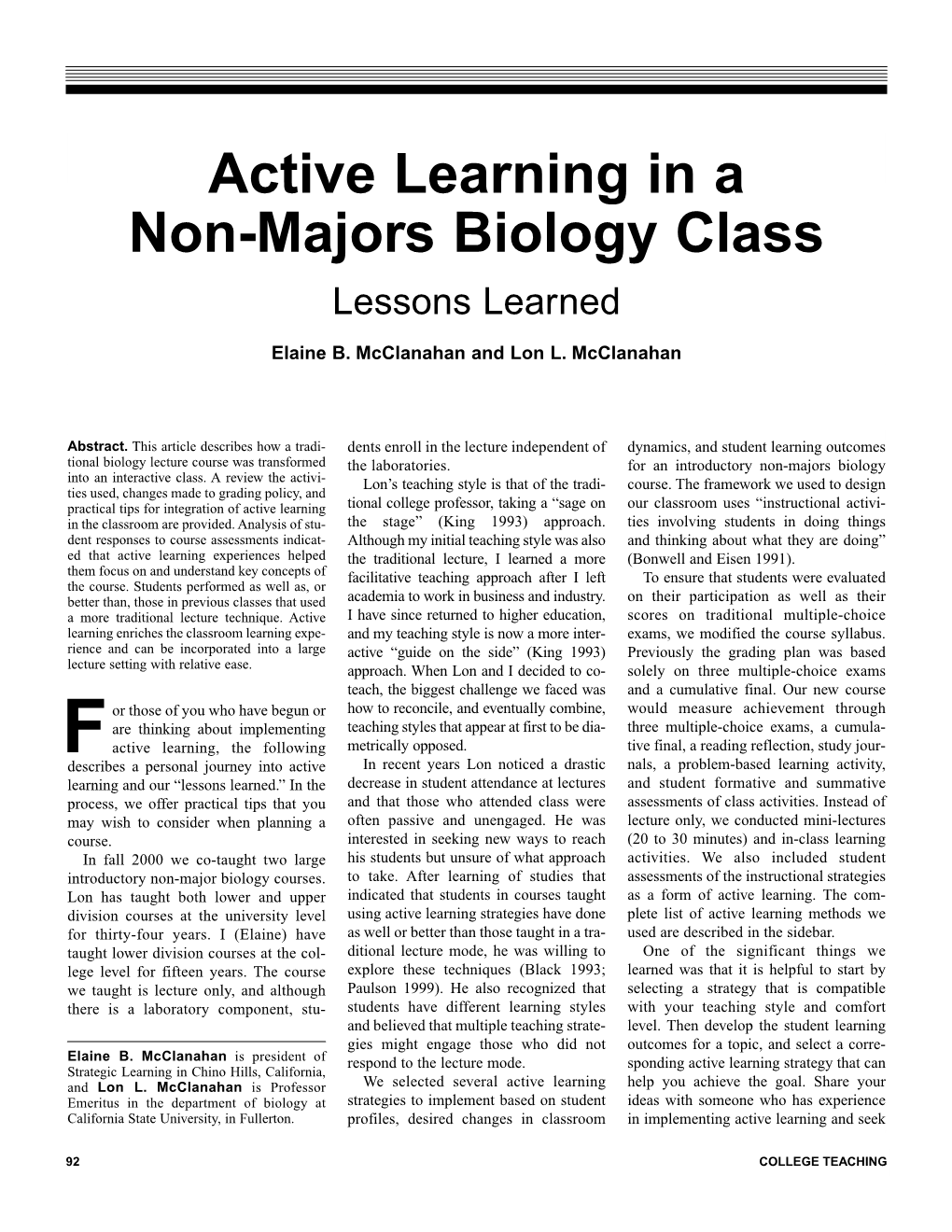 Active Learning in a Non-Majors Biology Class Lessons Learned